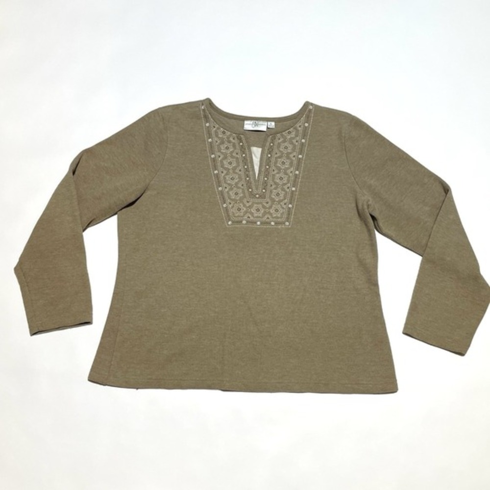 Studio Works Long Sleeve Shirt Top Women's Size XL Beige Embroidered